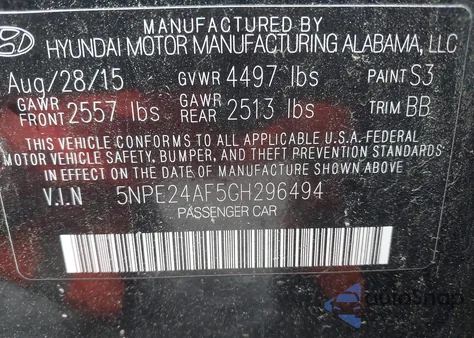 2016 Hyundai Sonata Se from USA, damaged, VIN 5NPE24AF5GH296494